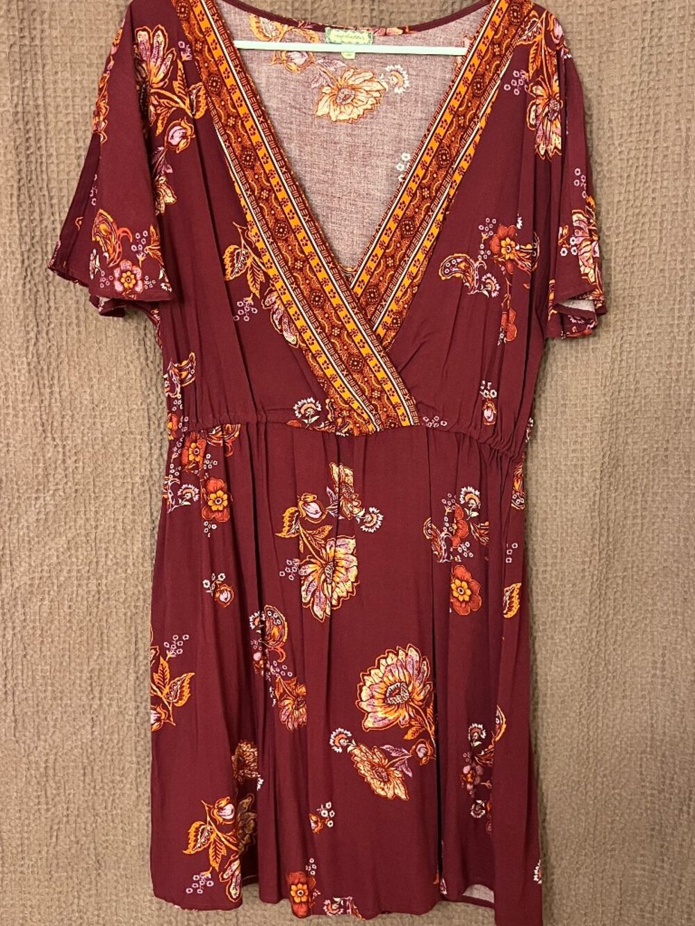 Eyeshadow Boho Floral Mini Sundress Faux Wrap Burgundy Hippie Women's Large